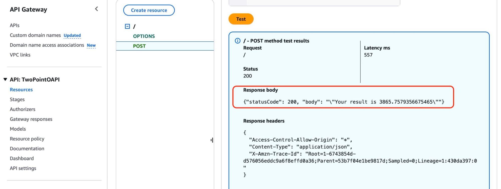 response body from the api test